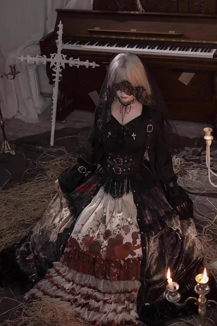 Heretical Nun Sleeveless Multi-Layered Printed Ruffled Open-Front Gothic Plus Size Lolita Strap Dress Long Version 2 Colors