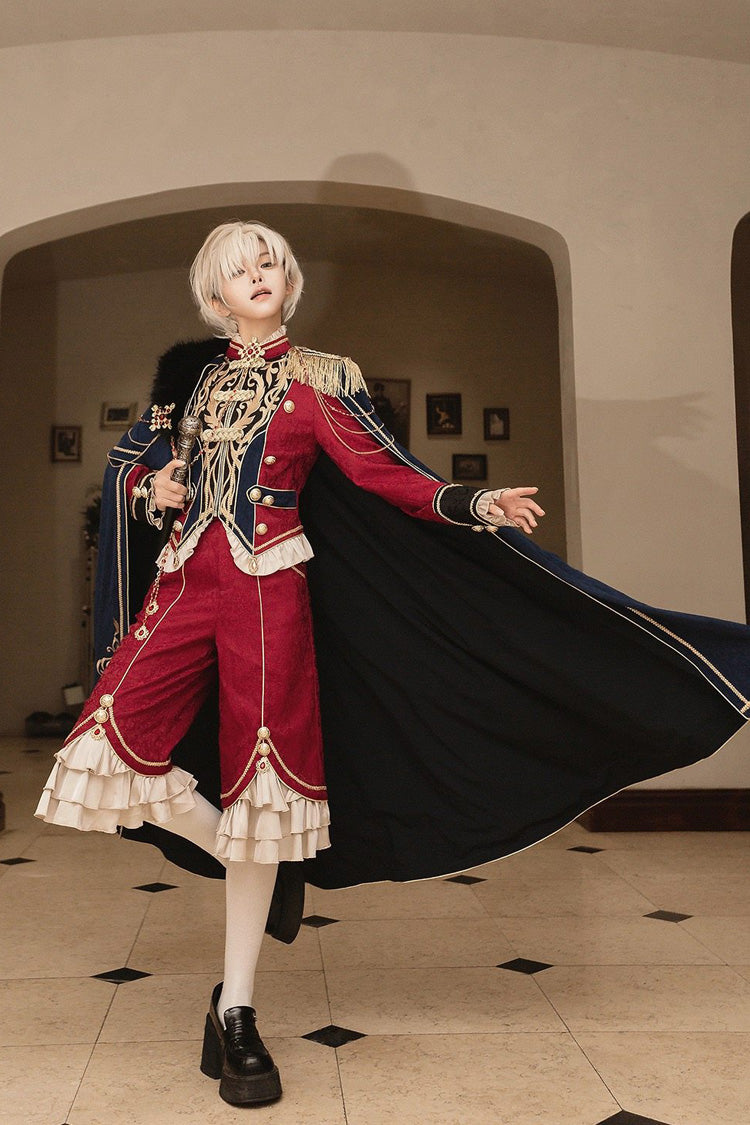 Red/Blue Royal Glory Stand Collar Long Sleeves Ruffled Embroidered Gothic Vintage Prince Palace Ouji Lolita Set