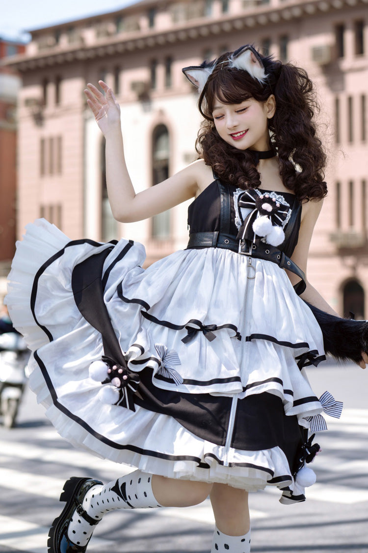 Black/White Cat Fist Triple-Layered Ruffle Bowknot Sweet Lolita Jsk Dress