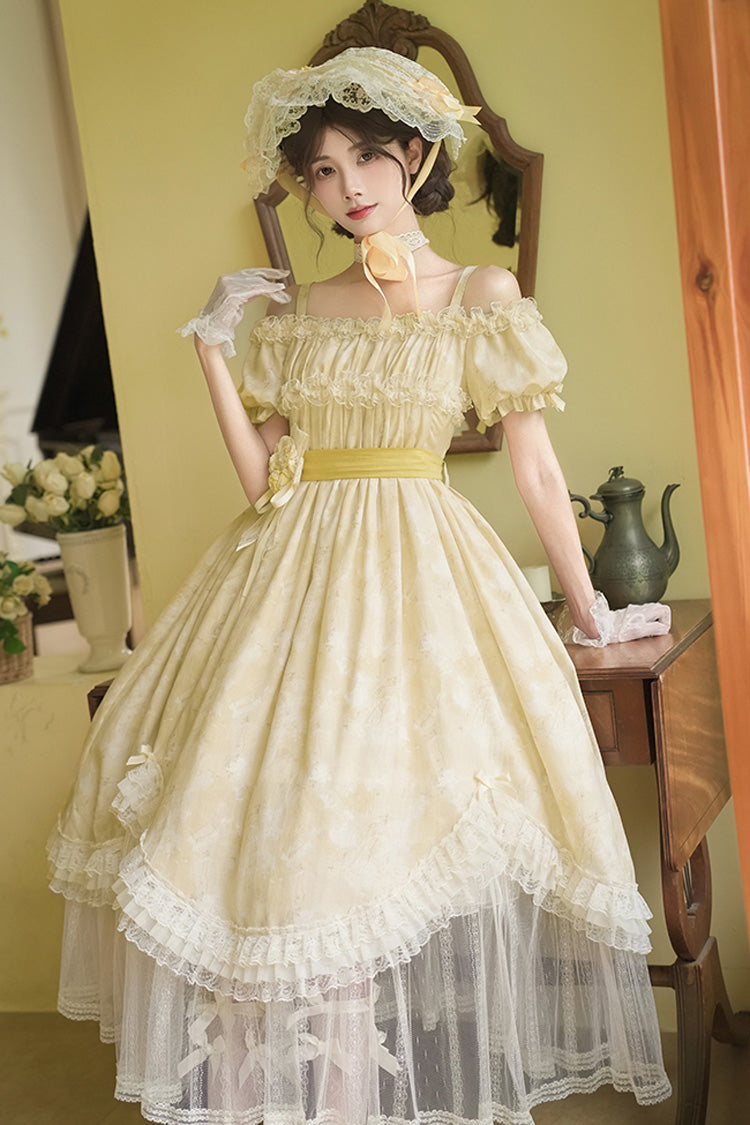 Yellow Falling Flowers as a Message Square Collar Short Sleeves Print Ruffle Lace Sweet Elegant Lolita Long Dress