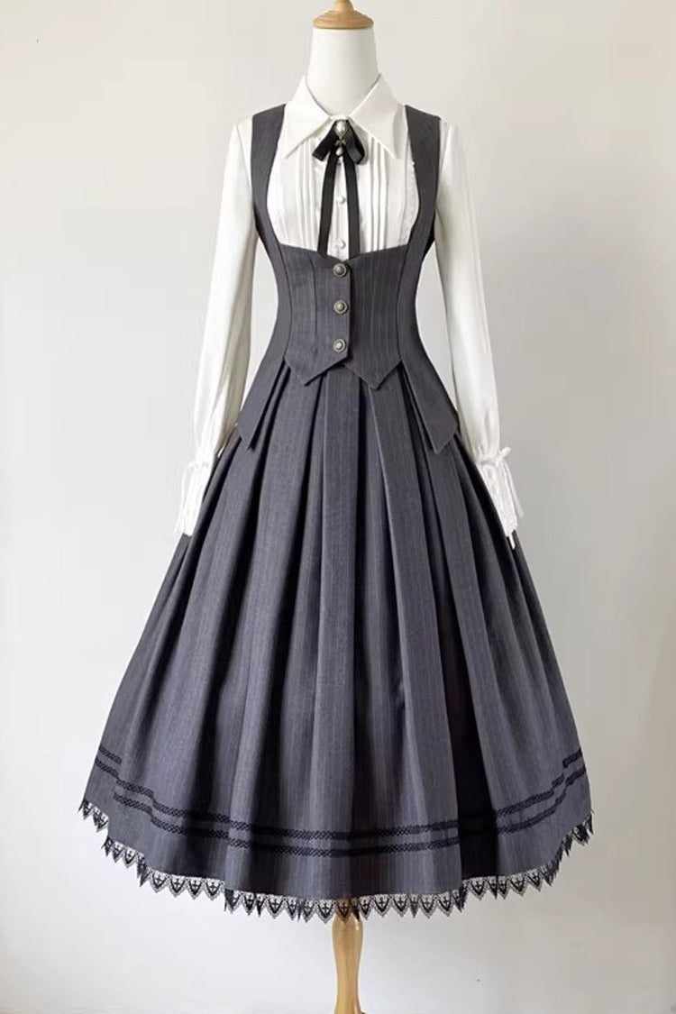 Grey Griffin's Pact Striped Printed Ruffled Gothic Lolita Skirt Vest Set