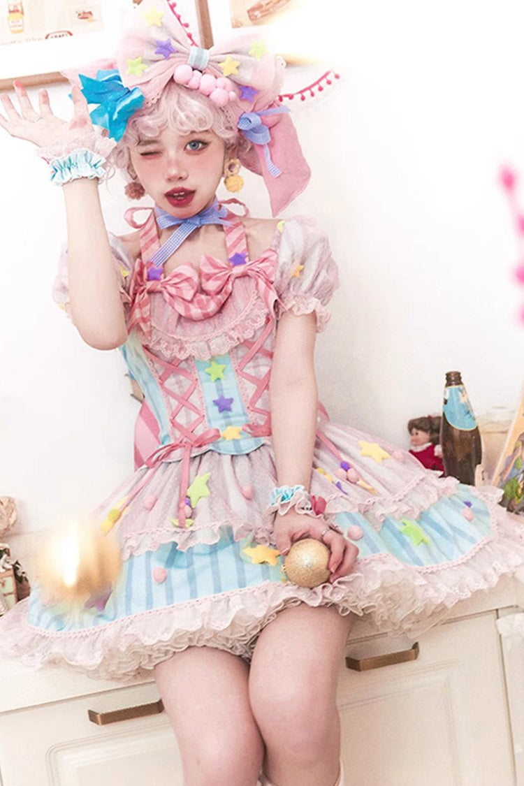Pink Sugar Magic Print Ruffle Bowknot Lace Lace-Up Sweet Lolita Dress