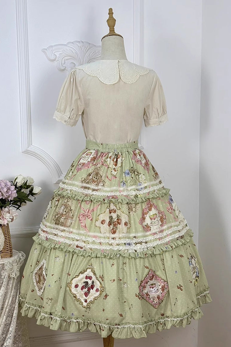 Green Cat Rose Tea Print Ruffle Sweet Gorgeous Lolita Skirt