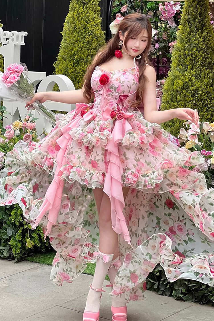 Pink Multi-Color Rose Print Sleeveless Sweet Lolita Strapless Dress
