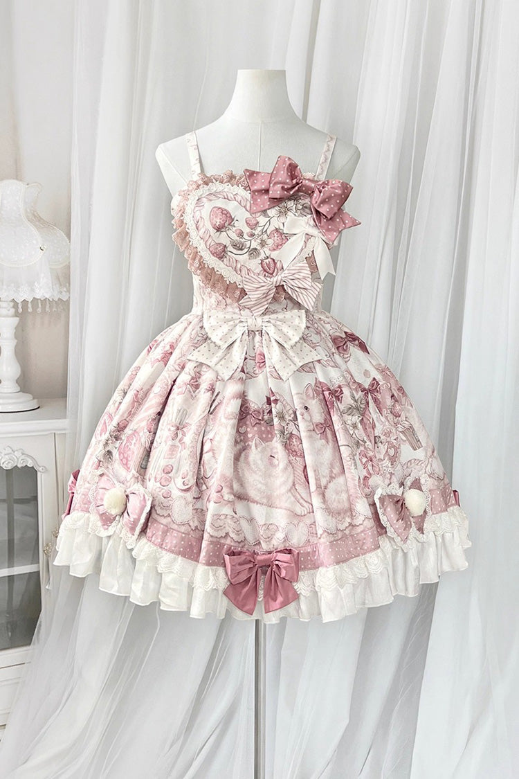 Pink Cat Dessert House Print Ruffle Bowknot Sweet Lolita Jsk Dress Set