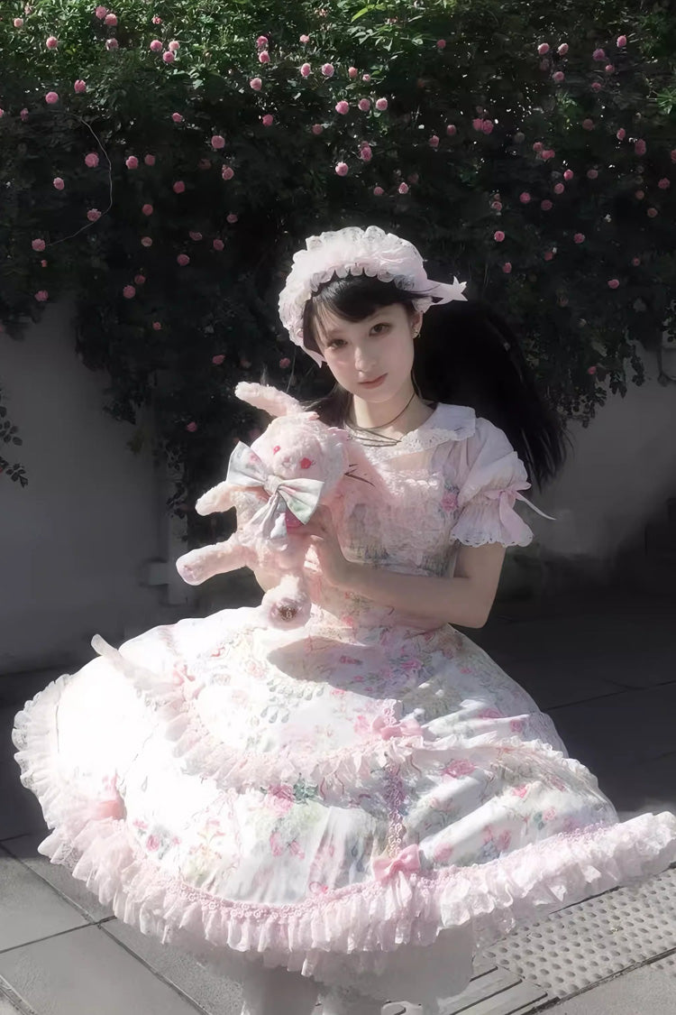 White/Pink Sleeveless Flower Wall Print Ruffle Bowknot Lace Sweet Lolita Jsk Dress