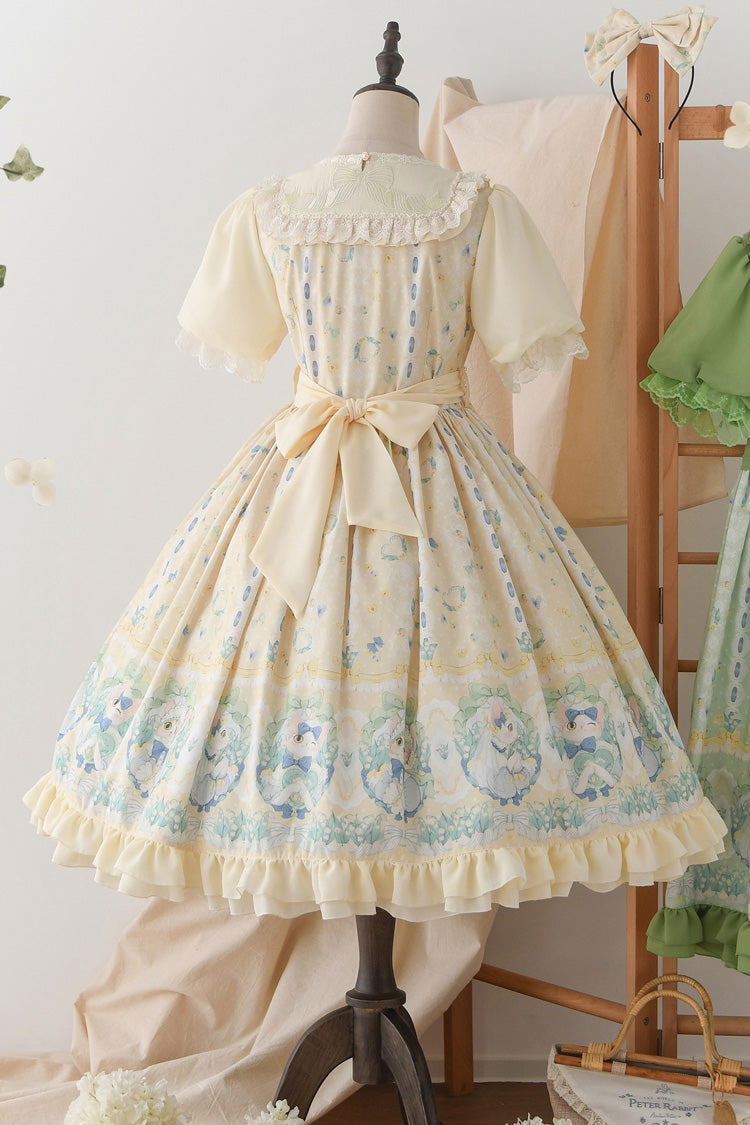 Beige Lily of the Valley Cat Print Ruffle Embroidery Bowknot Sweet Lolita Dress