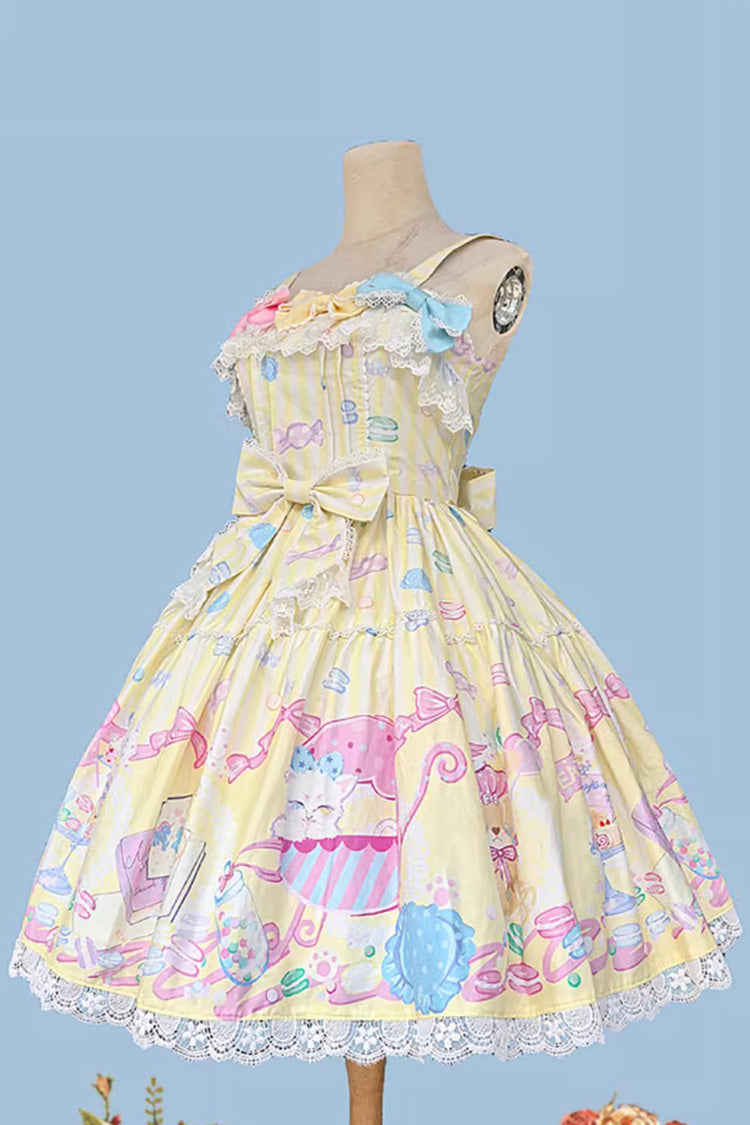 Yellow Macaron Dolly House Sleeveless Print Bowknot Sweet Lolita Jsk Dress
