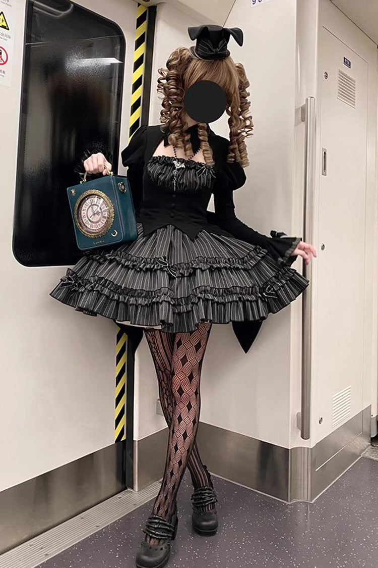 Black Duke of the Trap Rabbit Long Sleeves Stripe Print Ruffle Bowknot Lace Gothic Lolita Dress