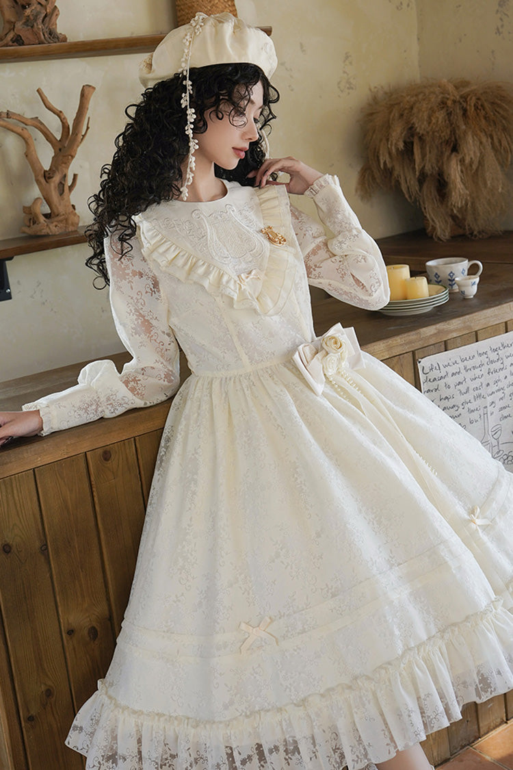 Ivory Flower Sound Long Sleeves Ruffle Cardigan Bowknot Lace Sweet Lolita Dress