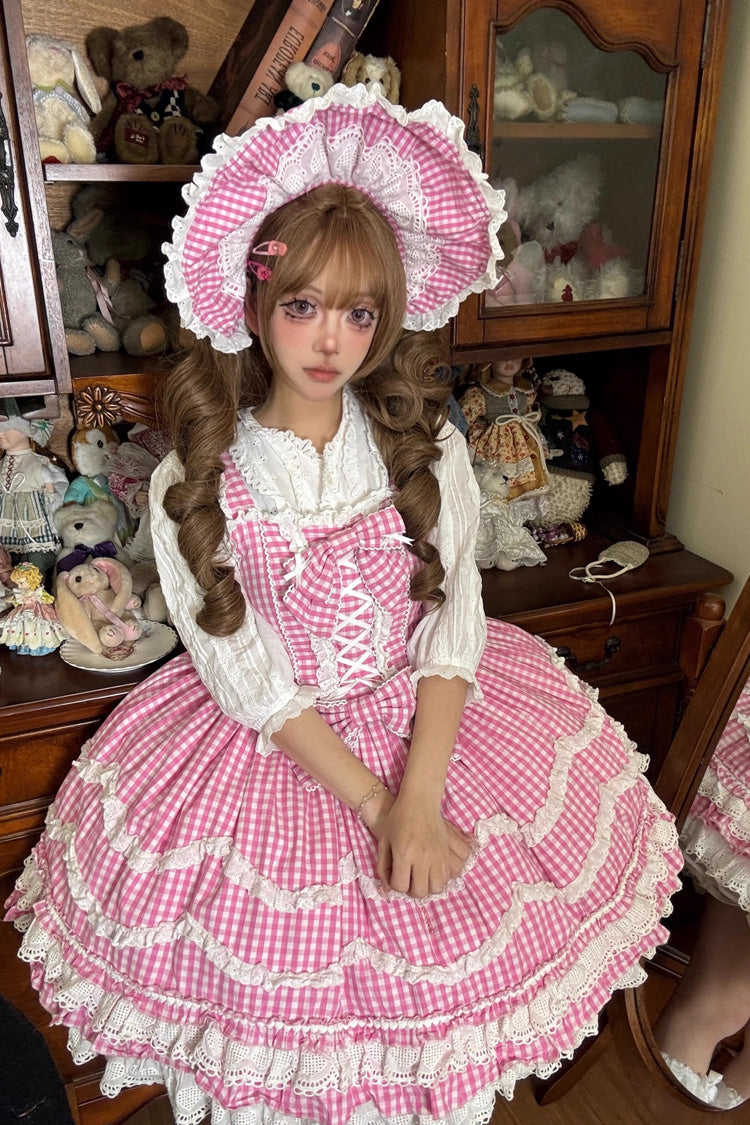 Pink Plaid Print Ruffle Bowknot Lace-Up Sweet Lolita Dress