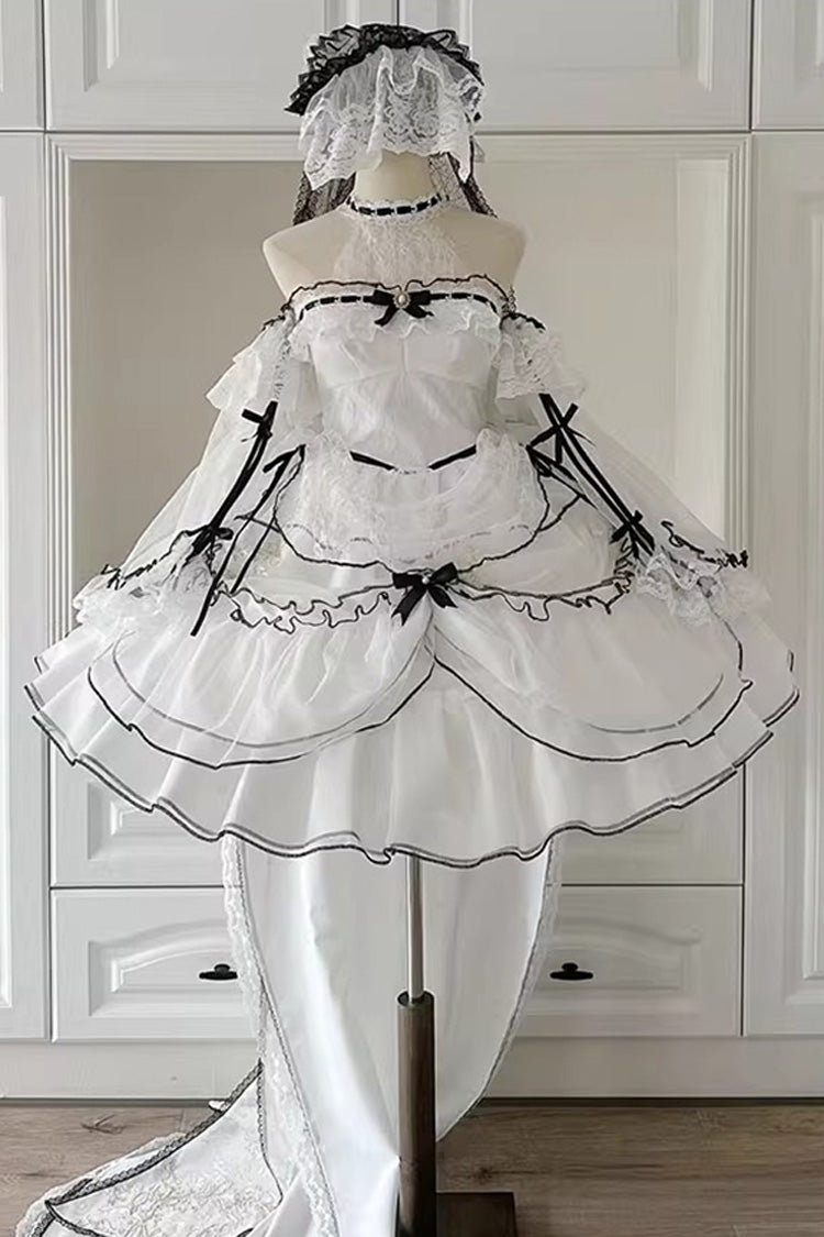 White Cascade Poem Sleeveless Multi-Layered Ruffle Hanayome Bowknot Lace Gothic Plus Size Gorgeous Lolita Jsk Short Dress