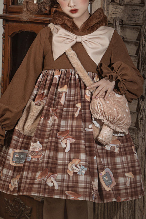 Brown Chest Big Bow Lantern Sleeves Mushroom Print With Sweet Lolita OP Dress