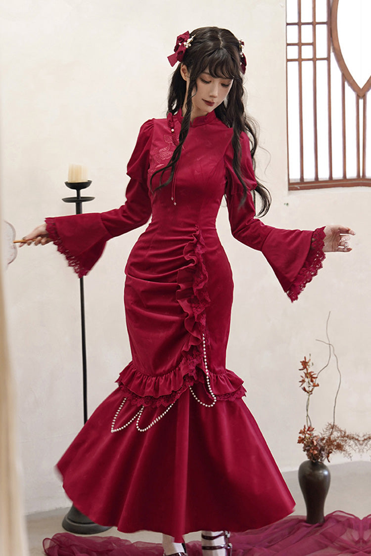 Red Long Sleeves Ruffle Embroidery Bowknot Lace Classic Chinese Style Elegant Lolita Dress