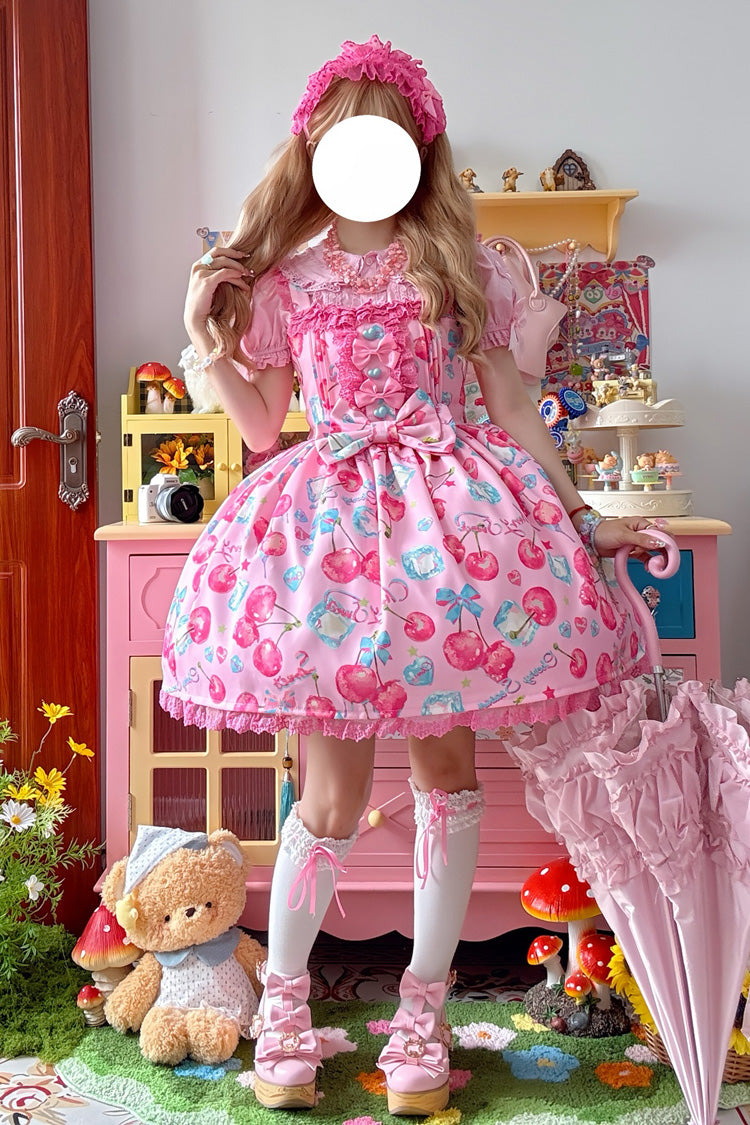 Pink Cherry Sweet Ice Print Ruffle Bowknot Lace Sweet Lolita Jsk Dress