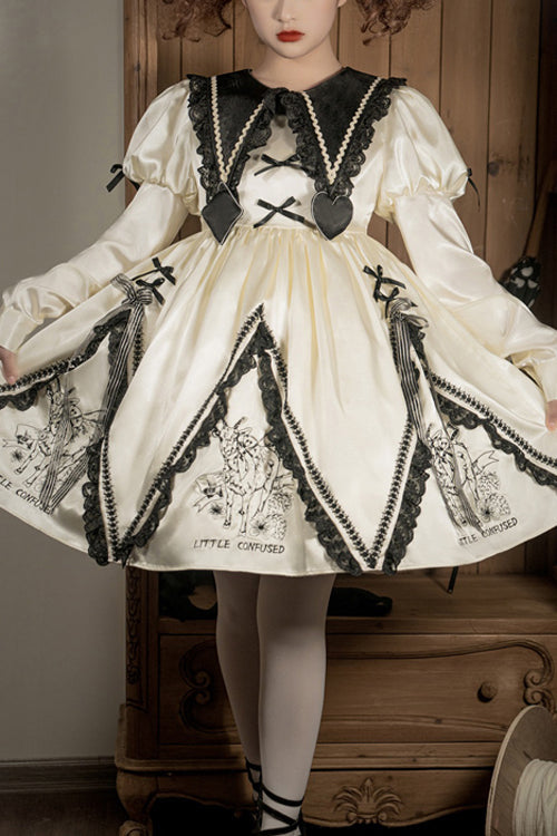 Beige Doll Lapel Collar Long Sleeves Little Confused Print High Waisted Sweet Lolita OP Dress