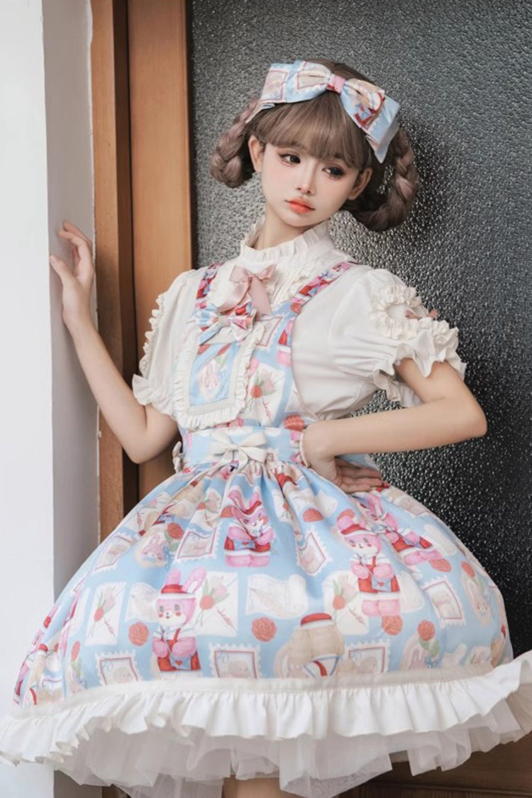 Light Blue Letter from Showa Rabbit and letter Print Ruffle Bowknot Sweet Princess Lolita Strap Dress