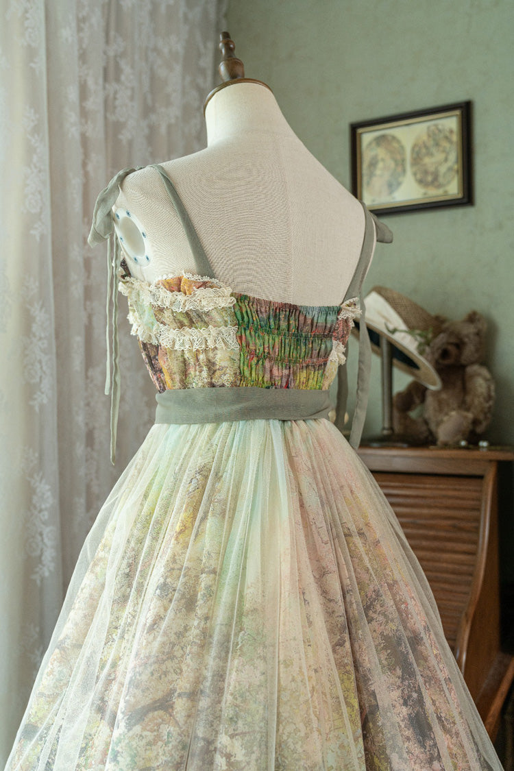 Green Oil Painting – Spring Sleeveless Print Ruffle Bowknot Lace Sweet Lolita Jsk Dress
