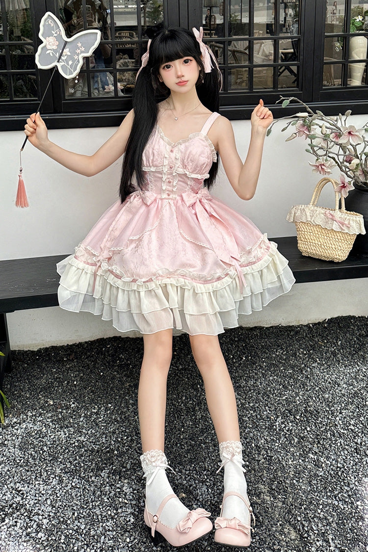 Pink Spring Flower Notes Ruffle Bowknot Lace Sweet Princess Lolita Jsk Dress