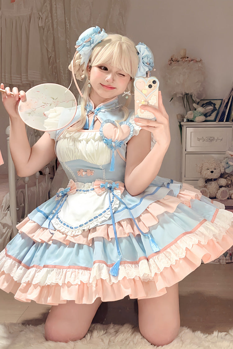 Blue/Pink Multi-Layered Ruffle Sweet Chinese Style Maid Cheongsam Lolita Dress