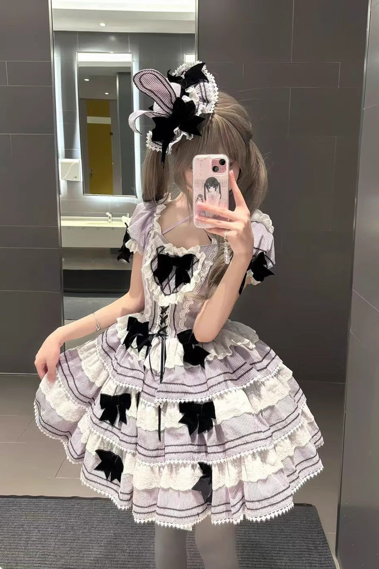 Triple-Layered Short Sleeves Vertical Stripes Print Ruffle Bowknot Lace-Up Sweet Lolita Jsk Dress 2 Colors