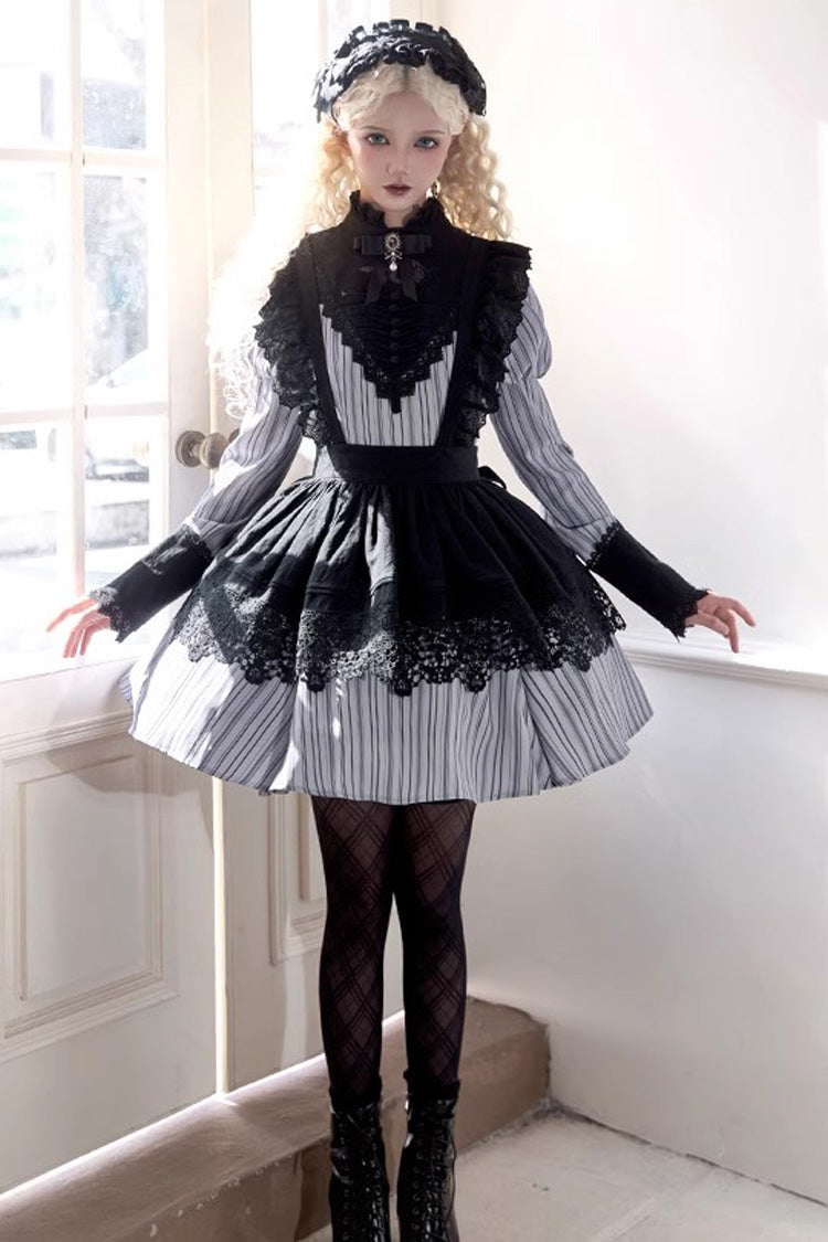Light Grey Nocturne Vertical Stripes Print Ruffle Bowknot Lace Gothic Lolita Dress 2 Versions