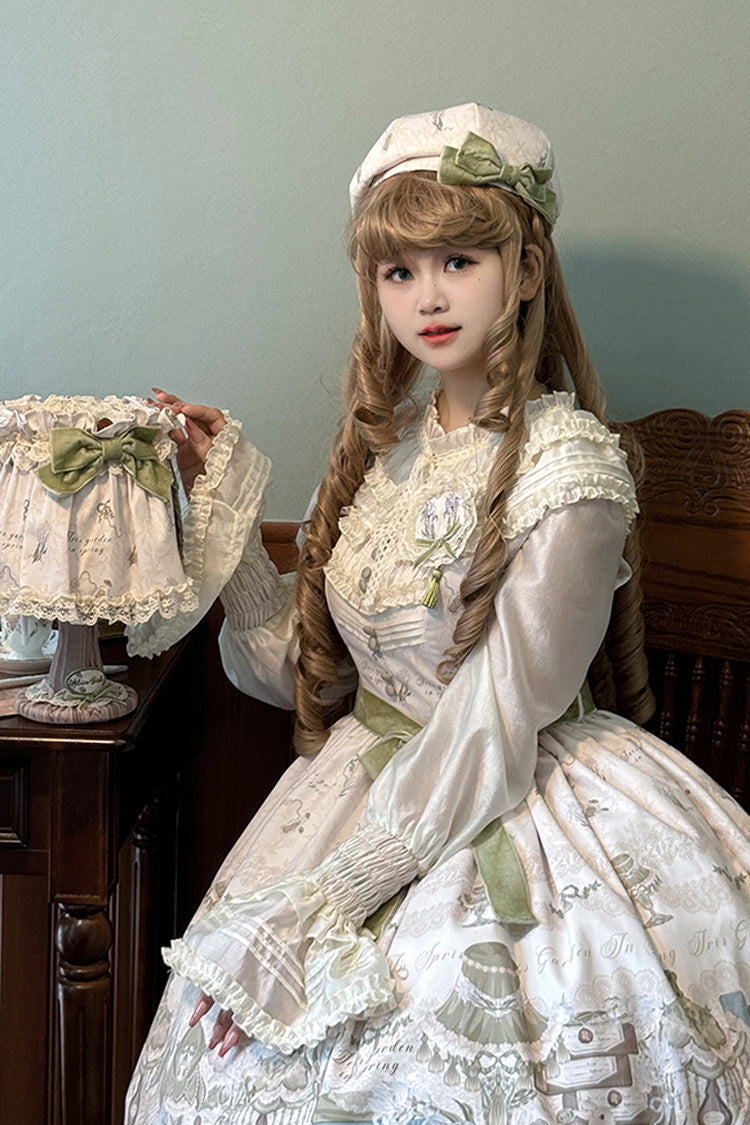 Iris Study V Collar Sleeveless Print Bowknot Lace Sweet Lolita Jumper Dress 2 Colors