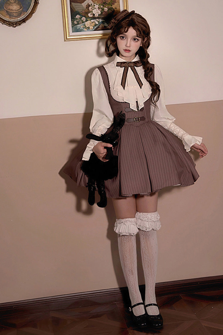 Brown Manchester City's Past Striped Print Breast Support Short Version Sweet Lolita Dress