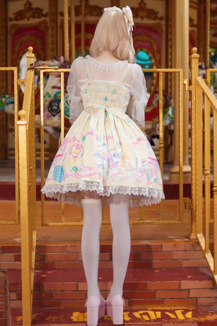 Macaron Dolly House Sleeveless Print Bowknot Lace-Up Sweet Lolita Jsk Dress 3 Colors