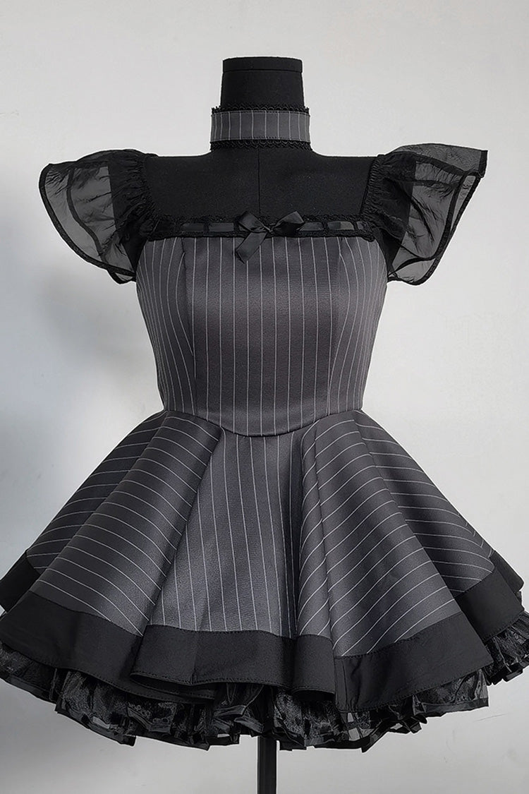 Grey Stripe Print Ruffle Bowknot Gothic Japanese Maid Lolita Dress