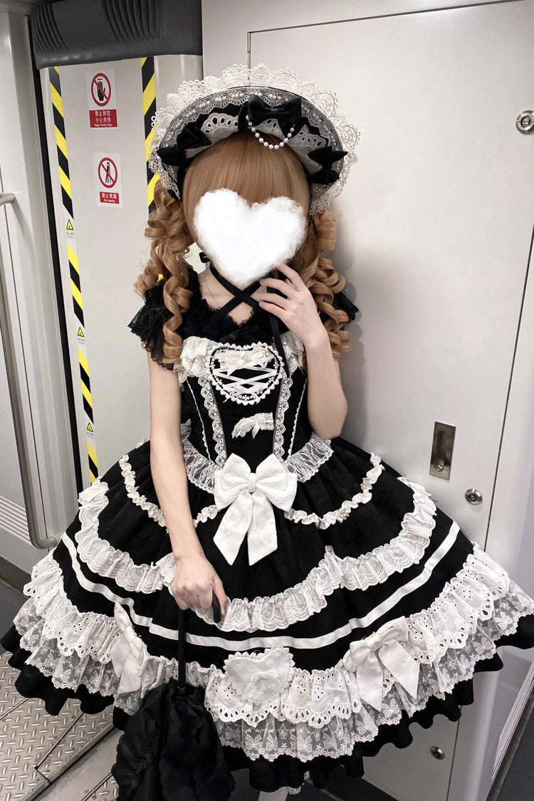 Black/White Super Cute Belia Sleeveless Triple-Layered Ruffle Bowknot Lace Gothic Elegant Lolita Jsk Dress