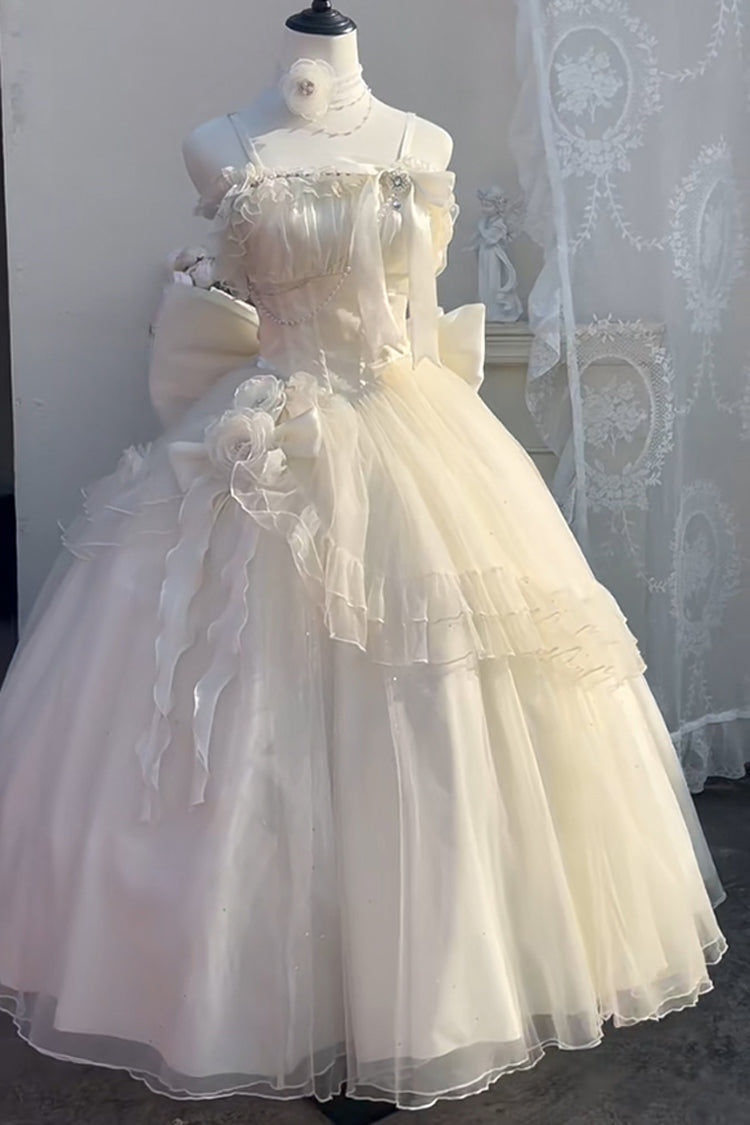 Apricot Bright Stars Off Shoulder Ruffle Bowknot Asymmetric Sweet Elegant Princess Lolita Dress