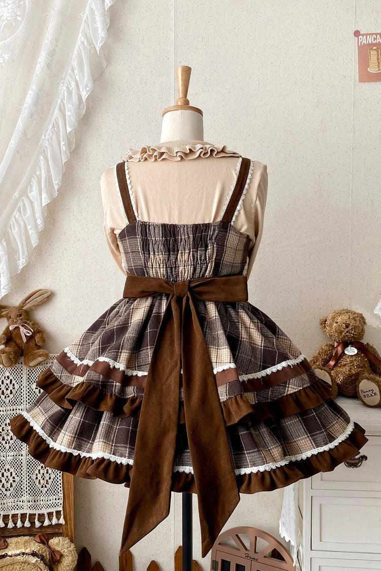 Brown Caramel Cocoa Double-Layered Print Ruffle Bowknot Sweet Lolita Jsk Dress