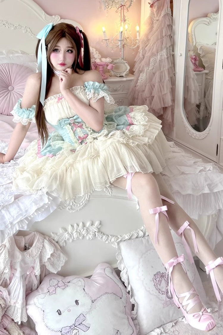 Blue/White Girly Scent Triple-Layered Ruffle Bowknot Lace Sweet Ballet Lolita Dress
