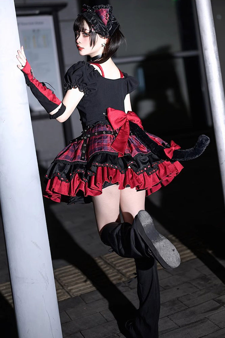 Black/Red Print Ruffle Lace-Up Gothic Japanese Princess Lolita Skirt Set