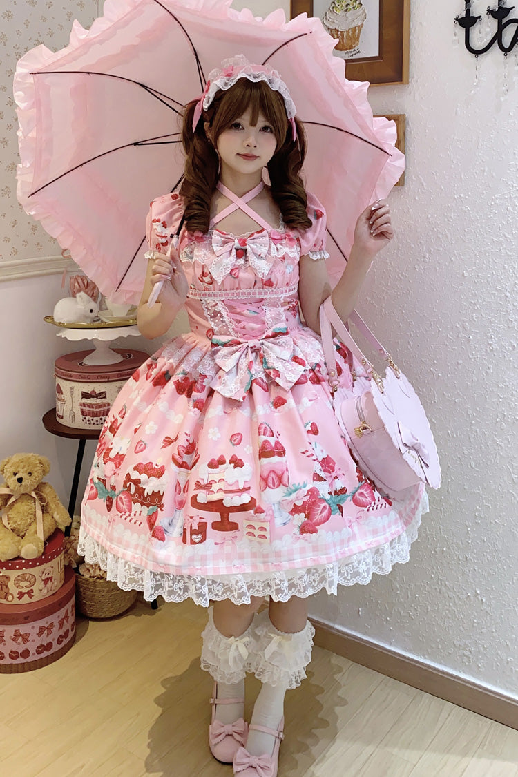 Pink Strawberry Parfait Print Short Sleeves Ruffle Bowknot Lace Lace-Up Sweet Lolita Dress