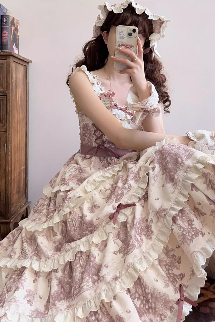 Smoky Purple Grape Moon Almanac Sleeveless Multi-Layered Printed Ruffled Bow Adjustable-Length Sweet Lolita Jsk Dress