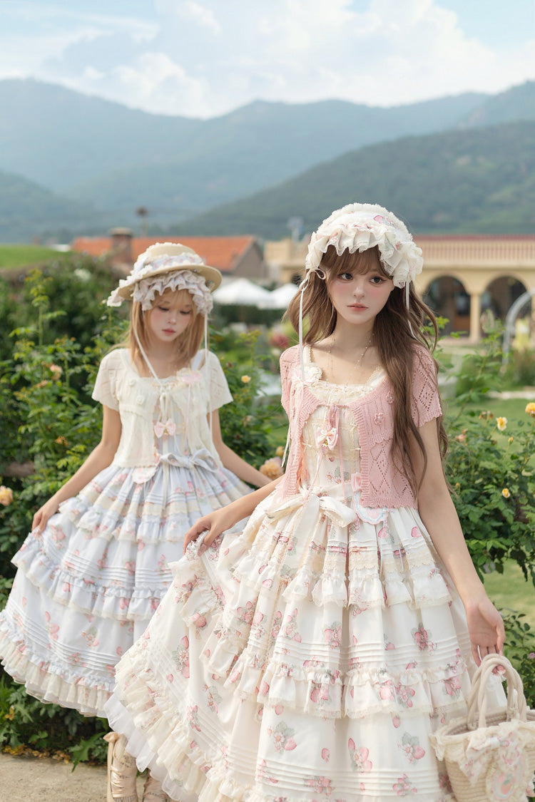 Strawberry Garden Sleeveless Multi-Layered Printed Ruffled Bow Sweet Lolita Jsk Dress 2 Colors