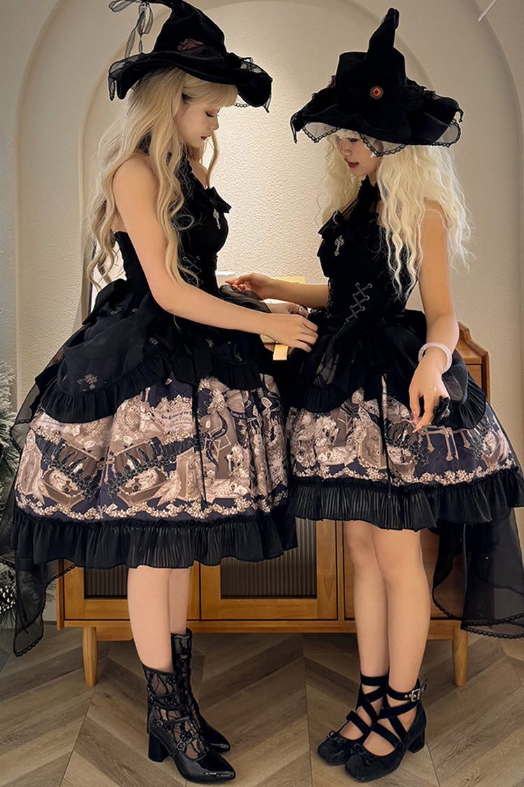 Black The Mystery of The Doll Halterneck Print Ruffle Bowknot Drawstring Gothic Lolita Dress