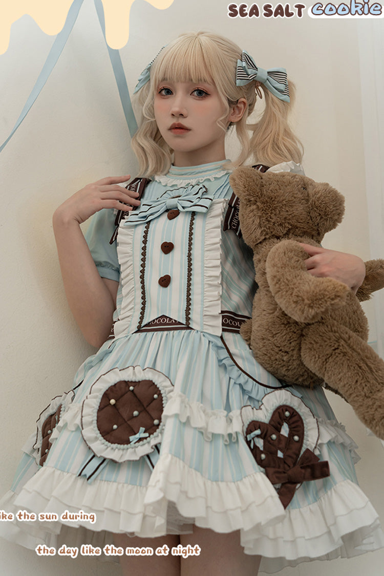 Light Blue Sea Salt Cookies Short Sleeves Print Ruffle Bowknot Sweet Lolita Dress