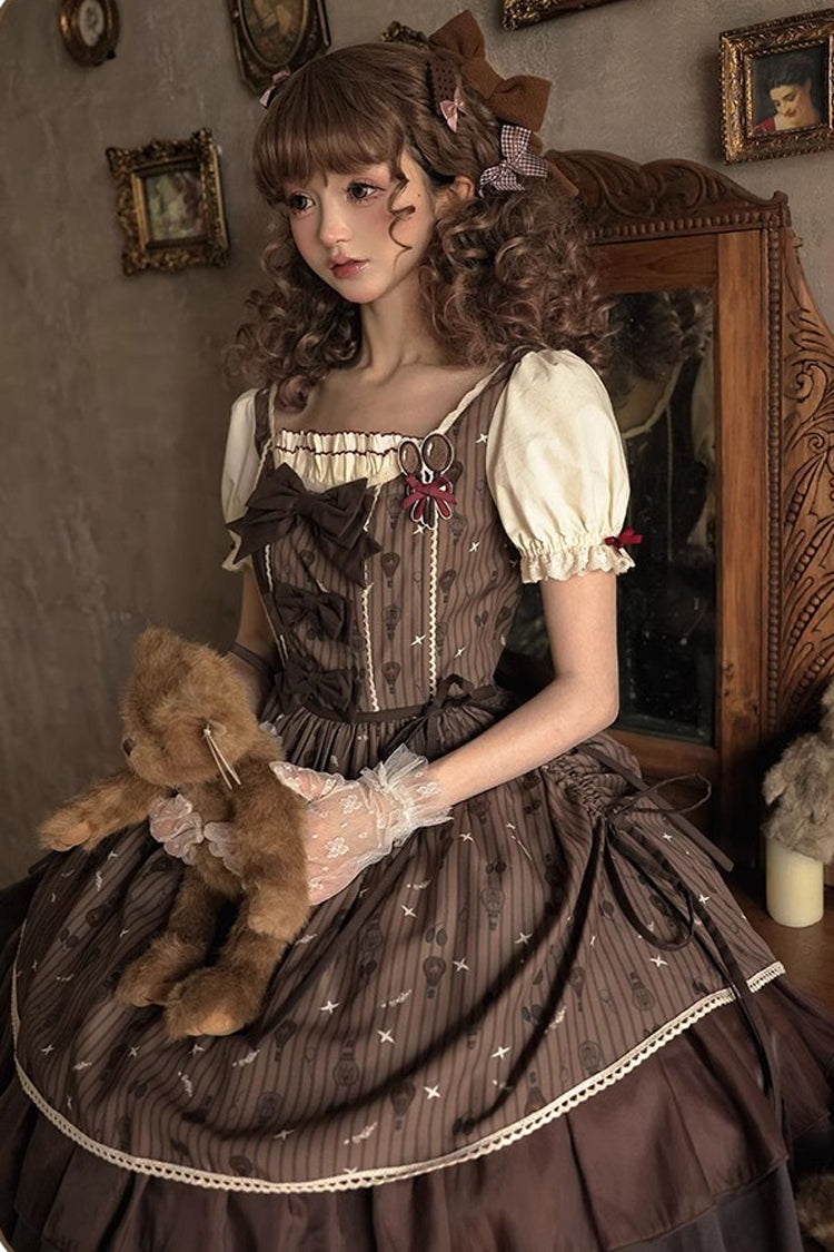 Brown Moro Coco Hot Air Balloon Print Ruffle Bowknot Sweet Elegant Princess Lolita Dress