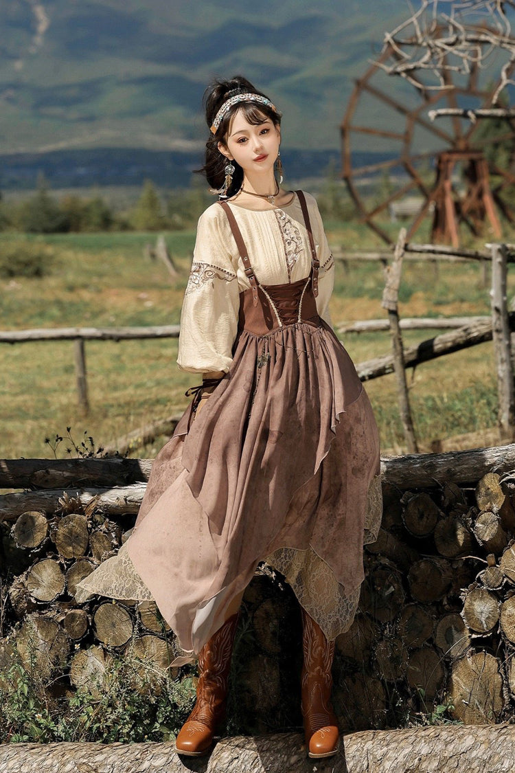 Brown Round Collar High Waisted Irregular Women's Handsome Lolita Jsk Dress Set