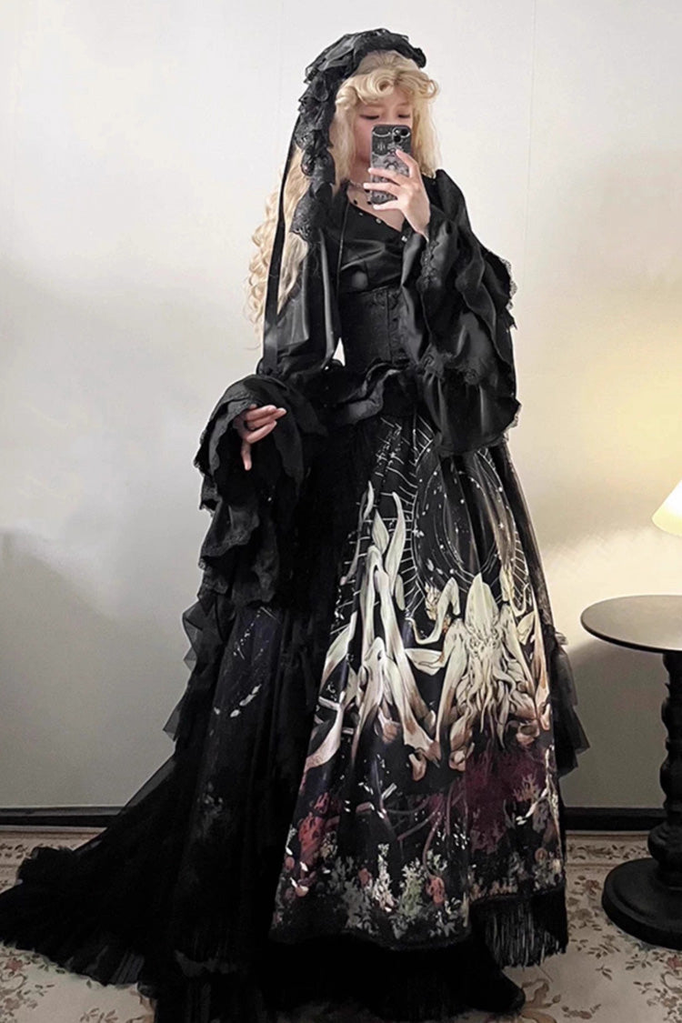 Black Reborn Ancient God Long Hime Sleeves Print Lace Gothic Lolita Skirt Dress Set