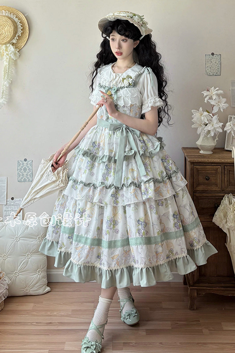 Blueberry Early Summer Sleeveless Triple-Layered Print Ruffle Bowknot Lace Sweet Lolita Jsk Dress 2 Colors