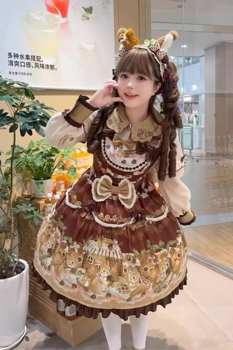 Brown Squirrel Chocolate Shop Sleeveless Printed Ruffled Bow Sweet Lolita JSK Dress with Blouse