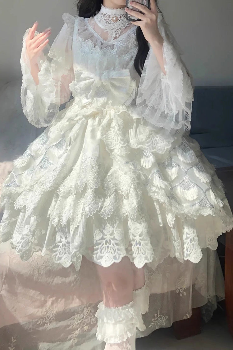 White Peacock Feather Multi-Layered Ruffle Hanayome Cardigan Bowknot Lace Sweet Lolita Jsk Dress Set