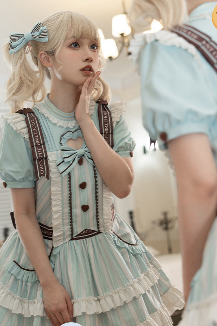Light Blue Sea Salt Cookies Short Sleeves Print Ruffle Bowknot Sweet Lolita Dress