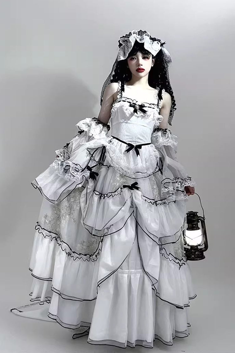 White Cascade Poem Sleeveless Multi-Layered Ruffle Hanayome Bowknot Lace Gothic Plus Size Gorgeous Lolita Jsk Long Dress