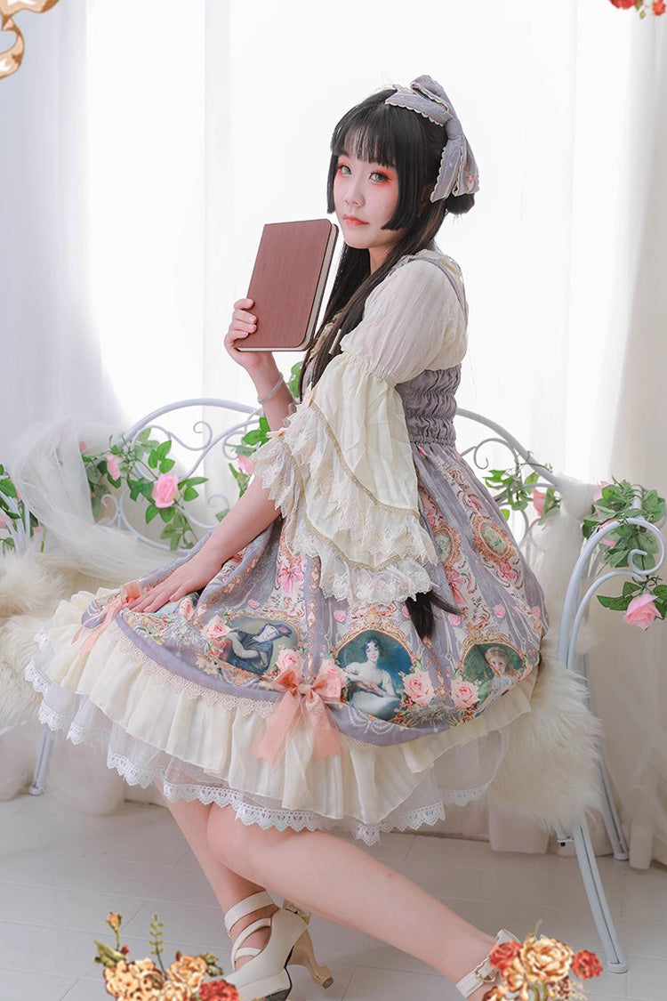 Portrait of A Little Lady Print Ruffle Bowknot Lace Classic Vintage Elegant Lolita Jsk Dress 3 Colors