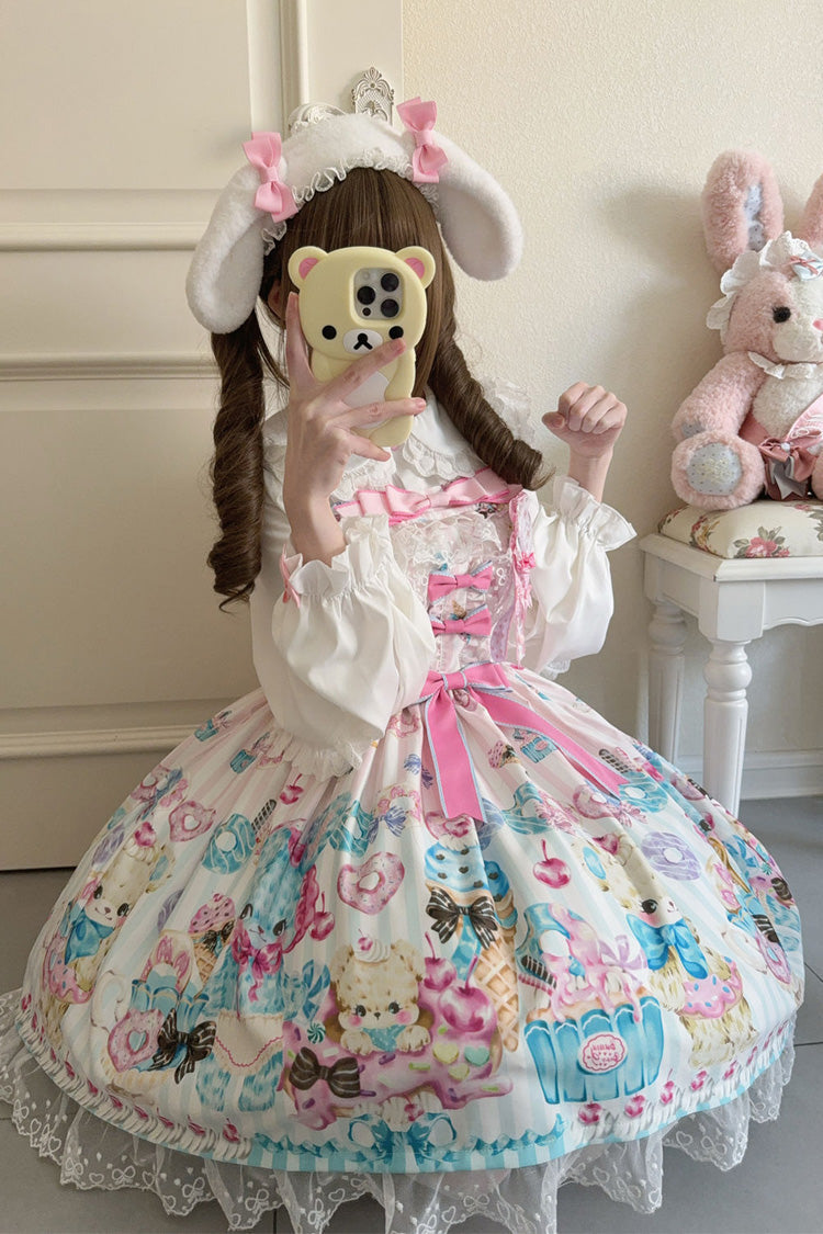 White Floral Whisper Bear Print Ruffle Bowknot Lace Sweet Princess Lolita Jsk Dress
